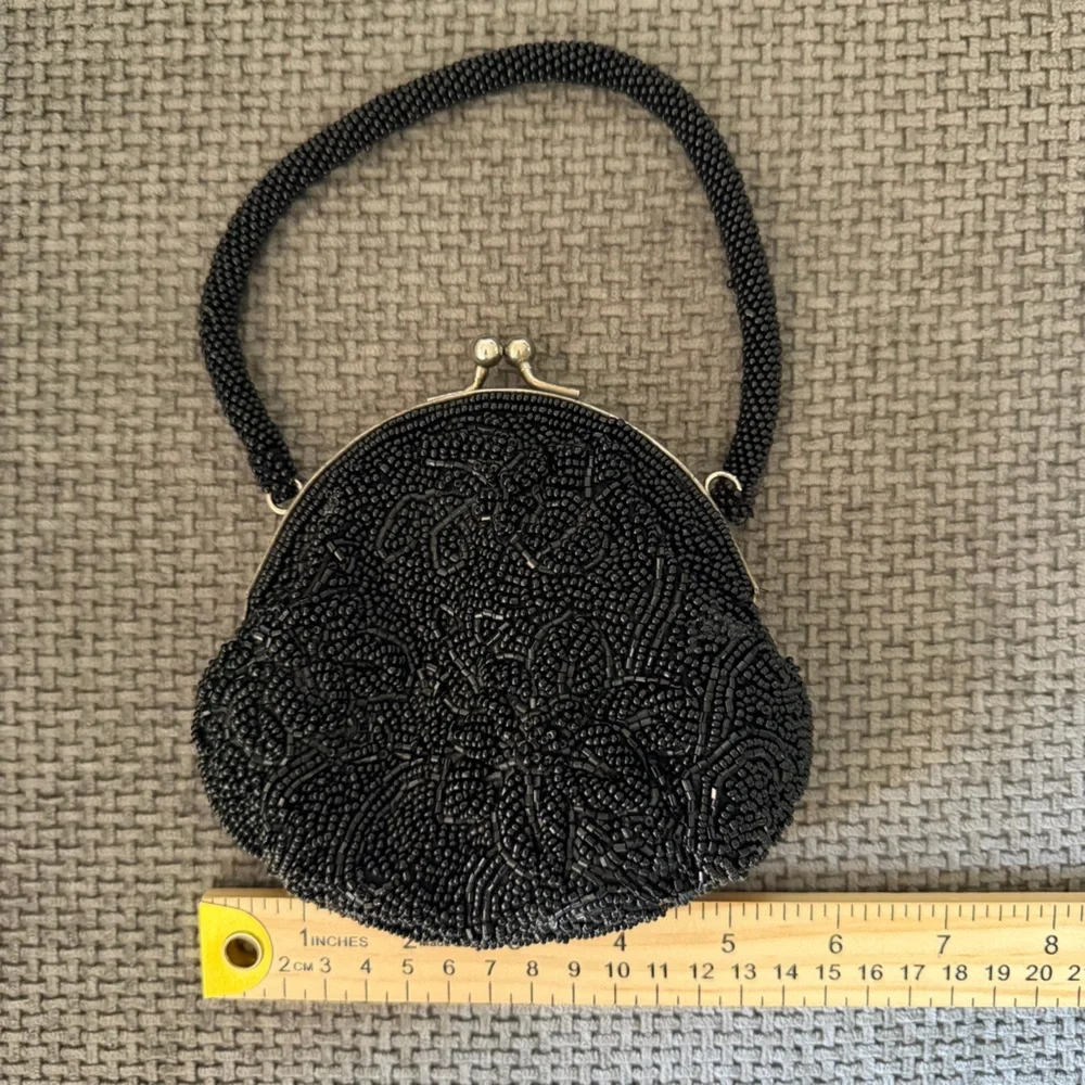 Beaded Evening Bag Black Formal Cocktail Vintage Mini Purse Kiss Lock La Regale